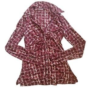 Free People Red Cream Plaid Sheer Long Sleeve Button Front Blouse Small Retro